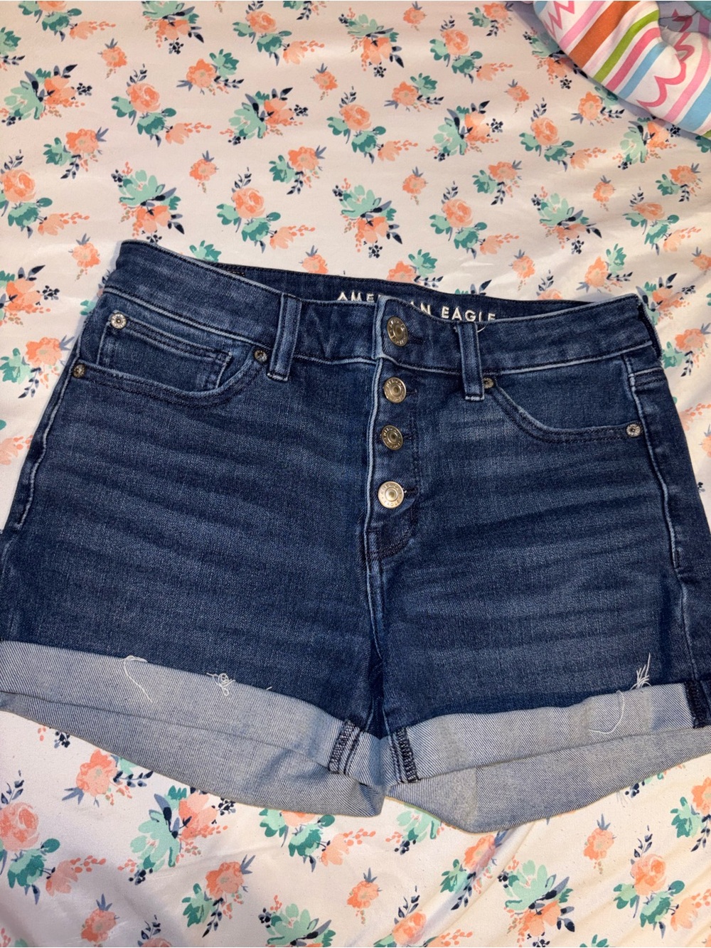 American Eagle Outfitters Dark Blue High-Rise Button-Fly Denim Shorts
